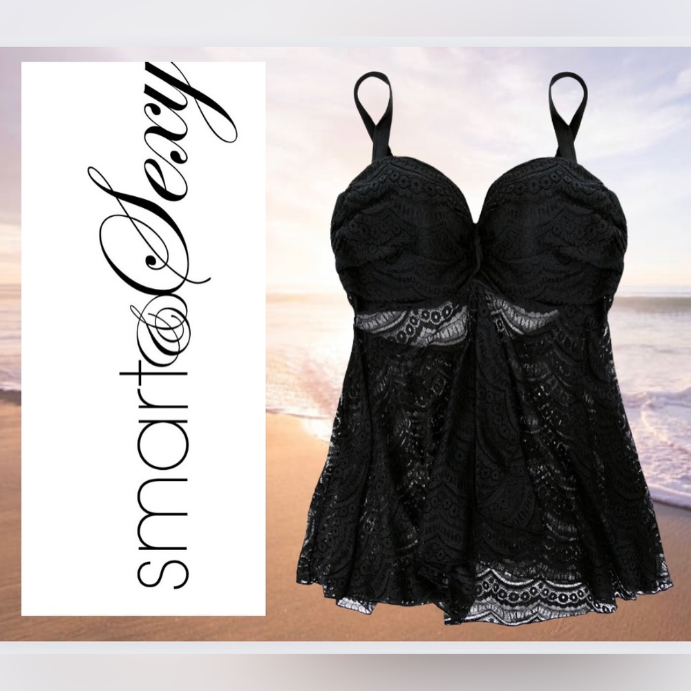 Smart and Sexy Swim Black Lacey Tankini Bathing Suit Top-Size 40D
